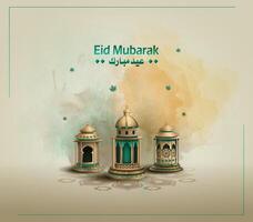 islamic greetings eid mubarak card design with three gold lanterns vector