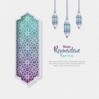 islamic greeting ramadan kareem card with three lanterns and luxury islamic decorative ornament background vector