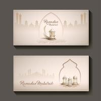 set of islamic greetings ramadan mubarak card banner design with lanterns and crescent vector