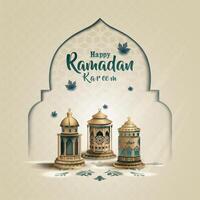 Islamic greetings ramadan kareem card design with three beautiful lanterns vector