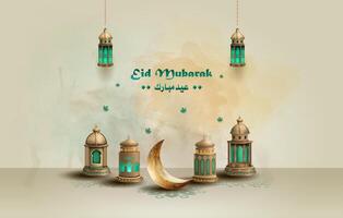 Islamic greetings eid mubarak card design with lanterns and crescent vector