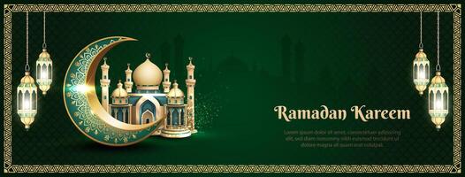 islamic greetings ramadan kareem card design with beautiful mosque, crescent moon and lanterns vector