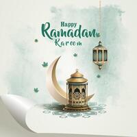 islamic greetings ramadan kareem card design with crescent moon and lanterns vector