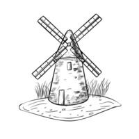 Rustic landscape of windmill and grass on ground black white illustration. Rural making bread mill, tower mill hand drawn monochrome graphic art for design package bread, flour label, bakery. vector