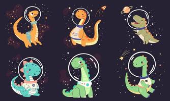 Set of flat illustrations in children's simple style. Cute dinosaurs in spacesuits flying in space vector