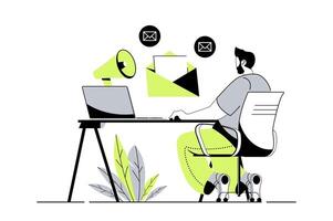 Email marketing web concept with flat cartoon people for website design. Man sending information letters to clients, receiving promo newsletters with online business promotion. illustration. vector