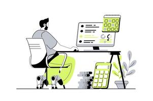Planning financial budget web concept with flat cartoon people for website design. Man making financial statistics analysis and auditing personal finance with investment strategy. illustration. vector