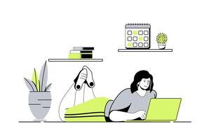 Freelance working web concept with flat cartoon people for website design. Woman working at laptop from home office, relaxing and doing job tasks online, making outsource work. illustration. vector