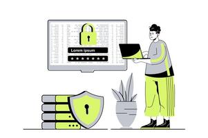Cyber security web concept with flat cartoon people for website design. Man getting access to personal internet account using password shield and online encryption secure system. illustration. vector