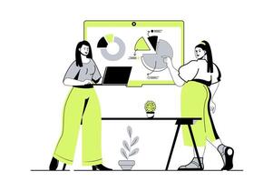 Teamwork web concept with flat cartoon people for website design. Colleagues discussing work financial data at presentation board, brainstorming and challenge collaboration. illustration. vector