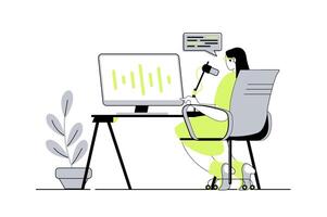 Podcast streaming web concept with flat cartoon people for website design. Woman speaking into microphone and broadcasting live in studio, recording audio speech for listeners. illustration. vector