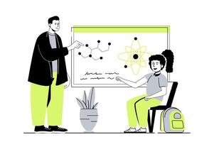 School learning web concept with flat cartoon people for website design. Teenage girl studying in classroom lesson, teacher explaining molecular formulas near class blackboard. illustration. vector