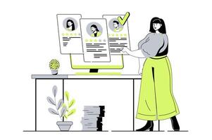 Recruitment agency web concept with flat cartoon people for website design. HR manager looking best resume for open vacancy, choosing candidates for job interview, hiring worker. illustration. vector