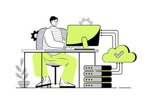 SaaS web concept with flat cartoon people for website design. Man using software as service and paying for online subscription to programs, working with cloud storage platform. illustration. vector