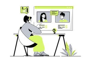 business conference web concept with flat cartoon people for website design. Colleagues discussing work tasks in group chat, coworkers communicating at online meeting. illustration. vector