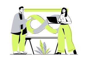 DevOps web concept with flat cartoon people for website design. Team collaborating on project with programming and management system, using integration practice in teamwork. illustration. vector