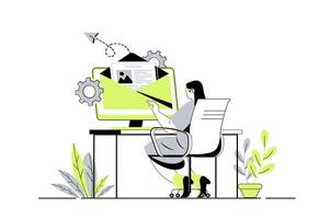 Email service web concept with flat cartoon people for website design. Woman chatting online with electronic letters, receiving and sending mails, getting notification to mailbox. illustration. vector