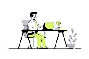 Children learn on computers web concept with flat cartoon people for website design. Boy watching lessons or virtual class conference, doing homework online using laptop. illustration. vector