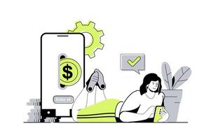 Mobile banking web concept with flat cartoon people for website design. Woman paying for purchases in mobile application with secure pay services, making online transaction. illustration. vector