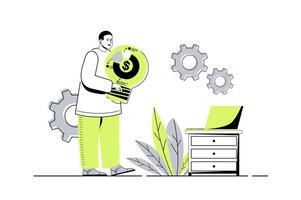 Business idea web concept with flat cartoon people for website design. Man generates new ideas and financial solutions, developing success strategy for new startup and projects. illustration. vector