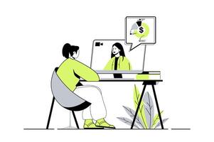 Business webinar web concept with flat cartoon people for website design. Woman watching online training with business coach, learning and getting new professional skills. illustration. vector