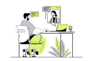 chatting web concept with flat cartoon people for website design. Man talking to woman by call at laptop program, communicating at virtual meeting or zoom conference. illustration. vector