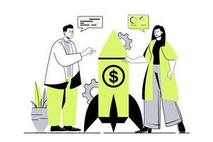 Business startup web concept with flat cartoon people for website design. Colleagues starting new business, developing project together, making innovative process and strategy. illustration. vector