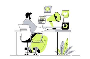 Digital marketing web concept with flat cartoon people for website design. Man creating advertising content and making posts, sending promo messages, attracting new clients. illustration. vector