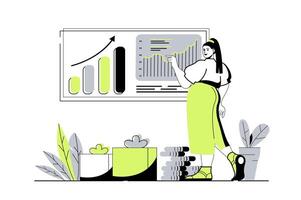 Sales performance web concept with flat cartoon people for website design. Woman analyzing financial data, progress achievement and business statistics at presentation board. illustration. vector