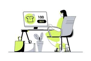 Online shopping web concept with flat cartoon people for website design. Woman making purchases at discount prices, ordering new clothes at internet store while sits at computer. illustration. vector