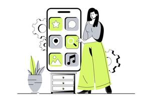 App development web concept with flat cartoon people for website design. Woman creating mobile interface layout with app buttons, places graphic elements and making settings. illustration. vector