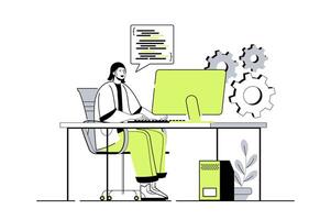 Programmer working web concept with flat cartoon people for website design. Man working with codeat computer, creating software and programming, testing and settings new product. illustration. vector