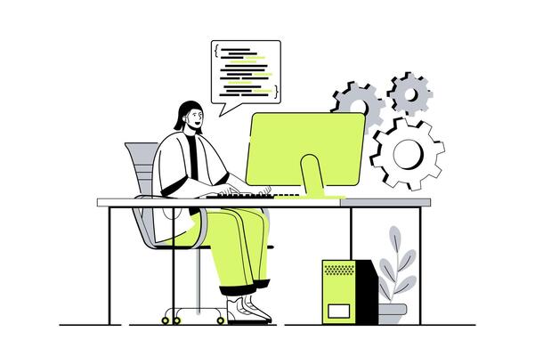 Programmer working web concept with flat cartoon people for website design. Man working with codeat computer, creating software and programming, testing and settings new product. illustration.