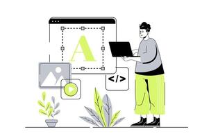 Web design concept with flat cartoon people for website design. Man creating responsive site layouts, adding videos, images and graphic elements and navigation buttons at page. illustration. vector