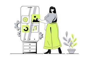Content manager web concept with flat cartoon people for website design. Woman filling mobile site with , audio and graphic content, making data analysis and planning posts. illustration. vector
