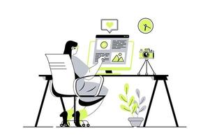 Blogging web concept with flat cartoon people for website design. Woman work as blogger, writing article and making new informational posts in blog, communicating with followers. illustration. vector
