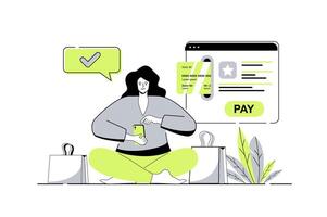Online payment web concept with flat cartoon people for website design. Woman getting invoice and paying her purchases with credit card in online banking using website form. illustration. vector