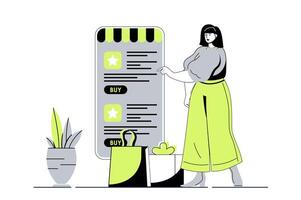 Mobile commerce web concept with flat cartoon people for website design. Woman ordering at internet shop, pitting new products to basket, making online payments at application. illustration. vector