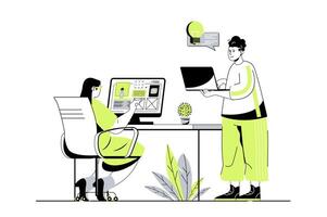 Designer studio web concept with flat cartoon people for website design. Woman and man creating website layouts and drawing graphic elements, generating new ideas and visuals. illustration. vector
