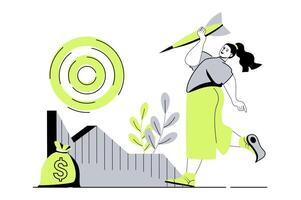 Business target web concept with flat cartoon people for website design. Woman following business strategy, aiming at target and achieving career ambitions and financial goals. illustration. vector