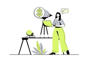 Business vision web concept with flat cartoon people for website design. Businesswoman generating new ideas and project mission, setting financial goals, getting work motivation. illustration. vector