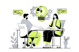 Brainstorming team web concept with flat cartoon people for website design. Colleagues discussing work tasks and generating new ideas, creating development strategy and vision. illustration. vector