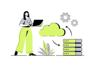 Cloud computing web concept with flat cartoon people for website design. Woman processing information using cloud data storage and cloudscape backup, making online sync files. illustration. vector