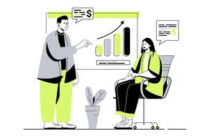 Business meeting web concept with flat cartoon people for website design. Man and woman discussing work tasks and financial report with presentation, planning marketing strategy. illustration. vector