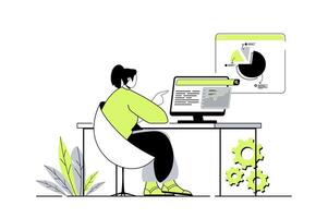 SEO analysis web concept with flat cartoon people for website design. Woman analyzes statistics of sites, making keywords optimization for search engines, increasing traffic. illustration. vector