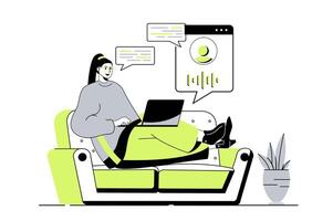 Virtual assistant web concept with flat cartoon people for website design. Woman chatting and speaking with artificial intelligence voice agent from technical support service. illustration. vector