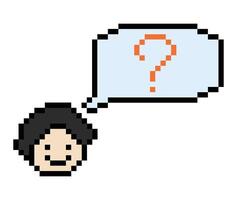 Face of pixel art cartoon man boy male with question mark 8 bit. vector