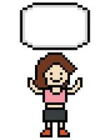 Cute pixel art of lady girl woman female with blank chat box 8 bit cartoon. vector