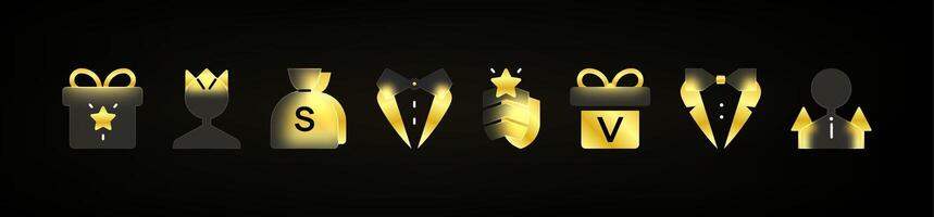 Glassmorphism VIP icons. Realistic UI gold icons set. Set of blur elements vector