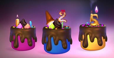 3d fast food . Chocolate dessert . Children Birthday cake with a candle. Three cakes with chocolate drizzle and candles on top. The candles are lit and the cakes are decorated with various toppings. vector